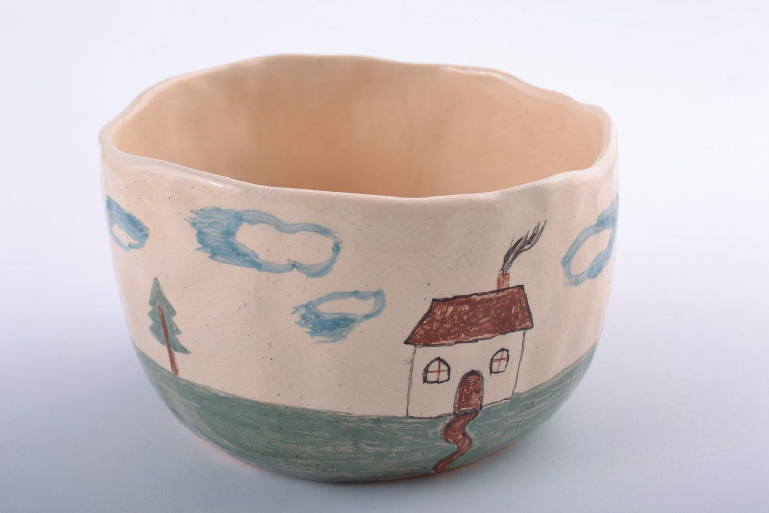 Small handmade beige clay bowl painted with engobes 0.2 l photo 2