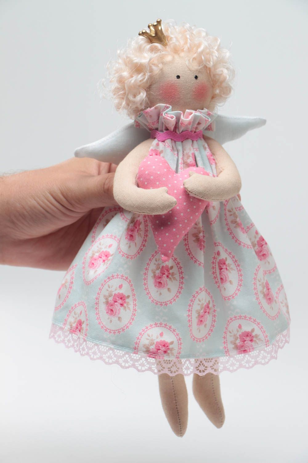 Fabric angel doll with heart beautiful little soft handmade decorative toy  photo 5