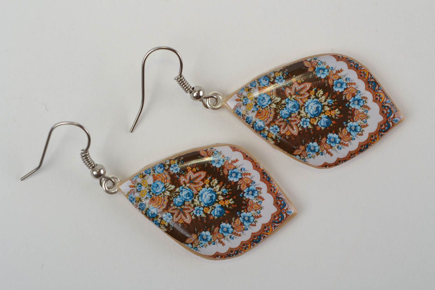 Handmade stylish polymer clay oval earrings with decoupage Landscape photo 3