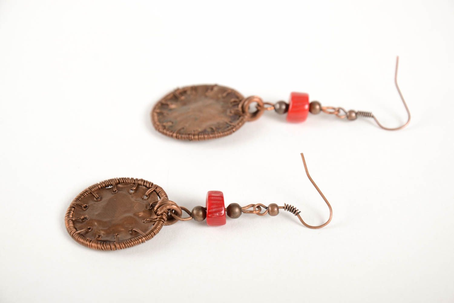 Handmade designer earrings jewelry with coral unusual copper earrings photo 3