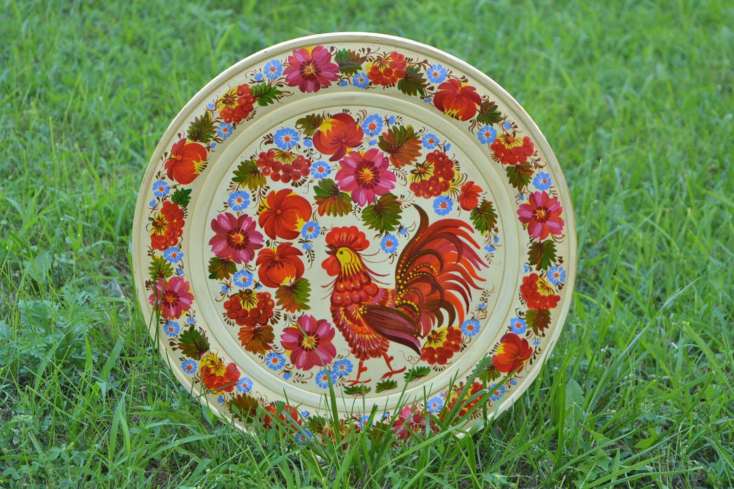 Декоративная тарелка на стену деревянная круглая расписная ручной работы  фото 1