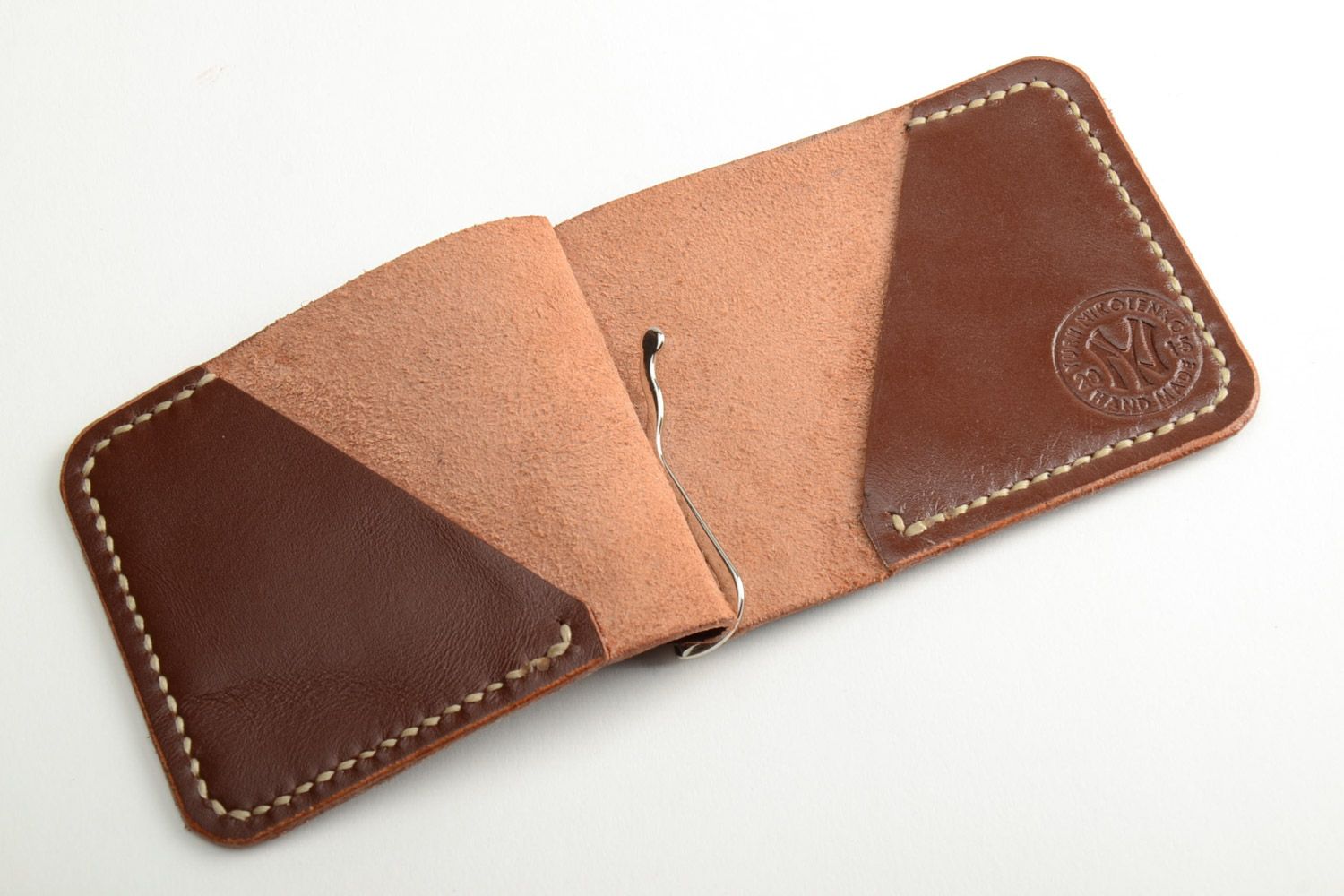 Homemade genuine leather wallet of brown color sewn with waxed thread with clip  photo 3