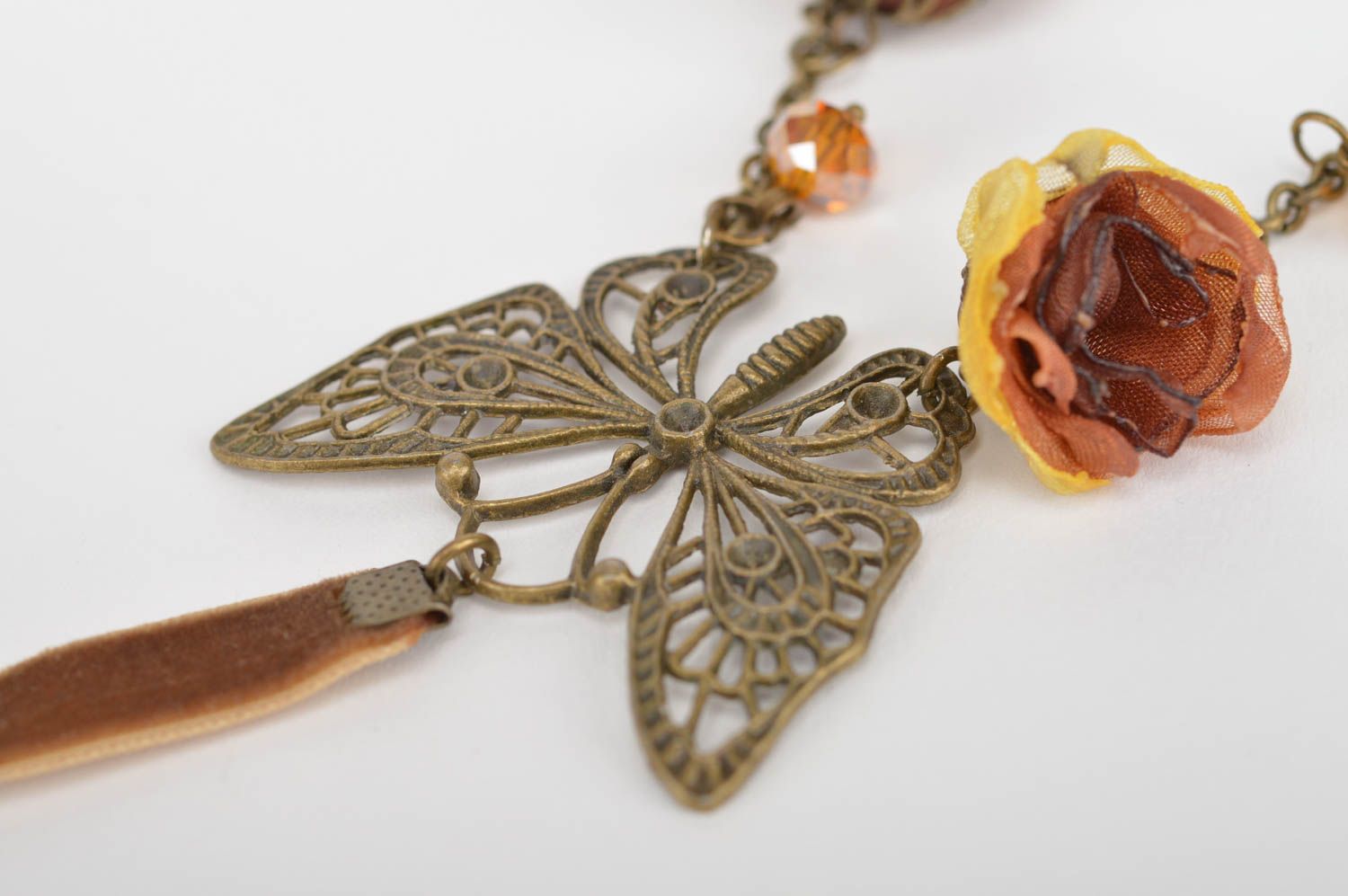 Damen Collier Blumen Halskette handgemachter Schmuck braun mit Schmetterlingen foto 3