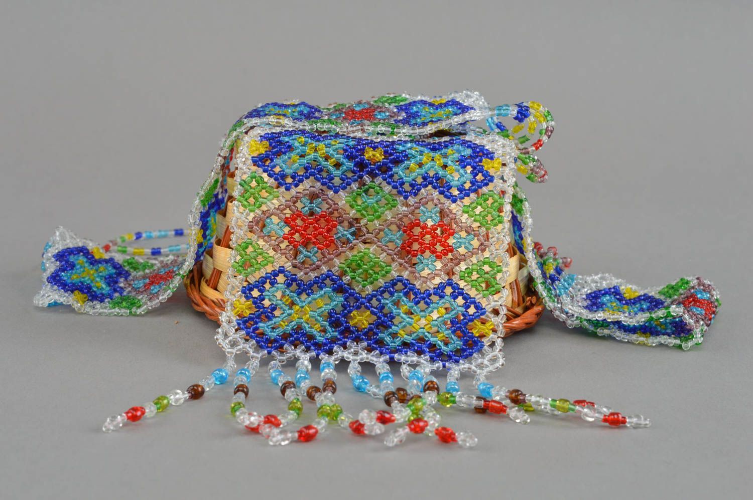 Collier en perles de rocaille multicolore style ethnique fait main large long photo 1