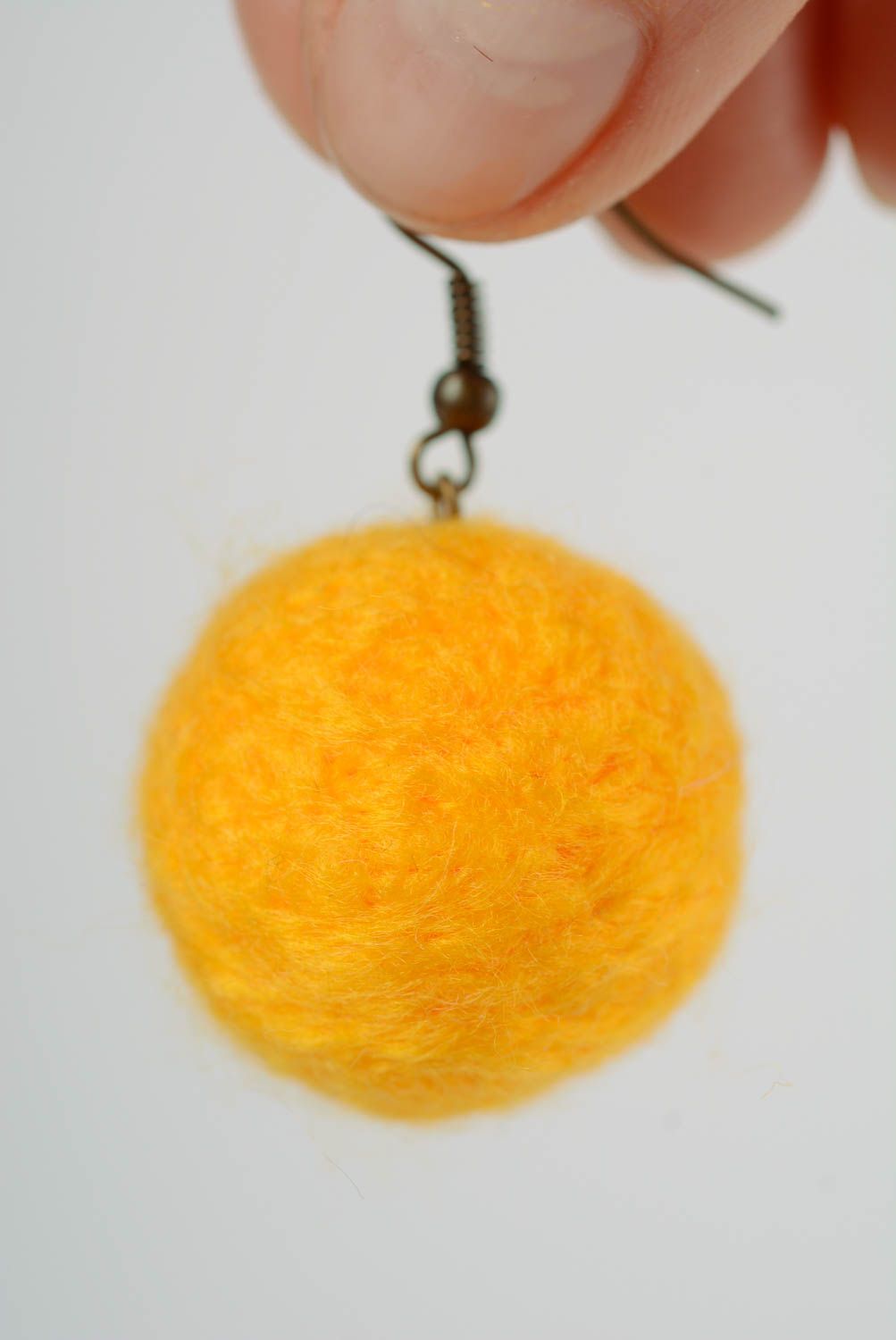 Handmade yellow felted wool ball earrings photo 2