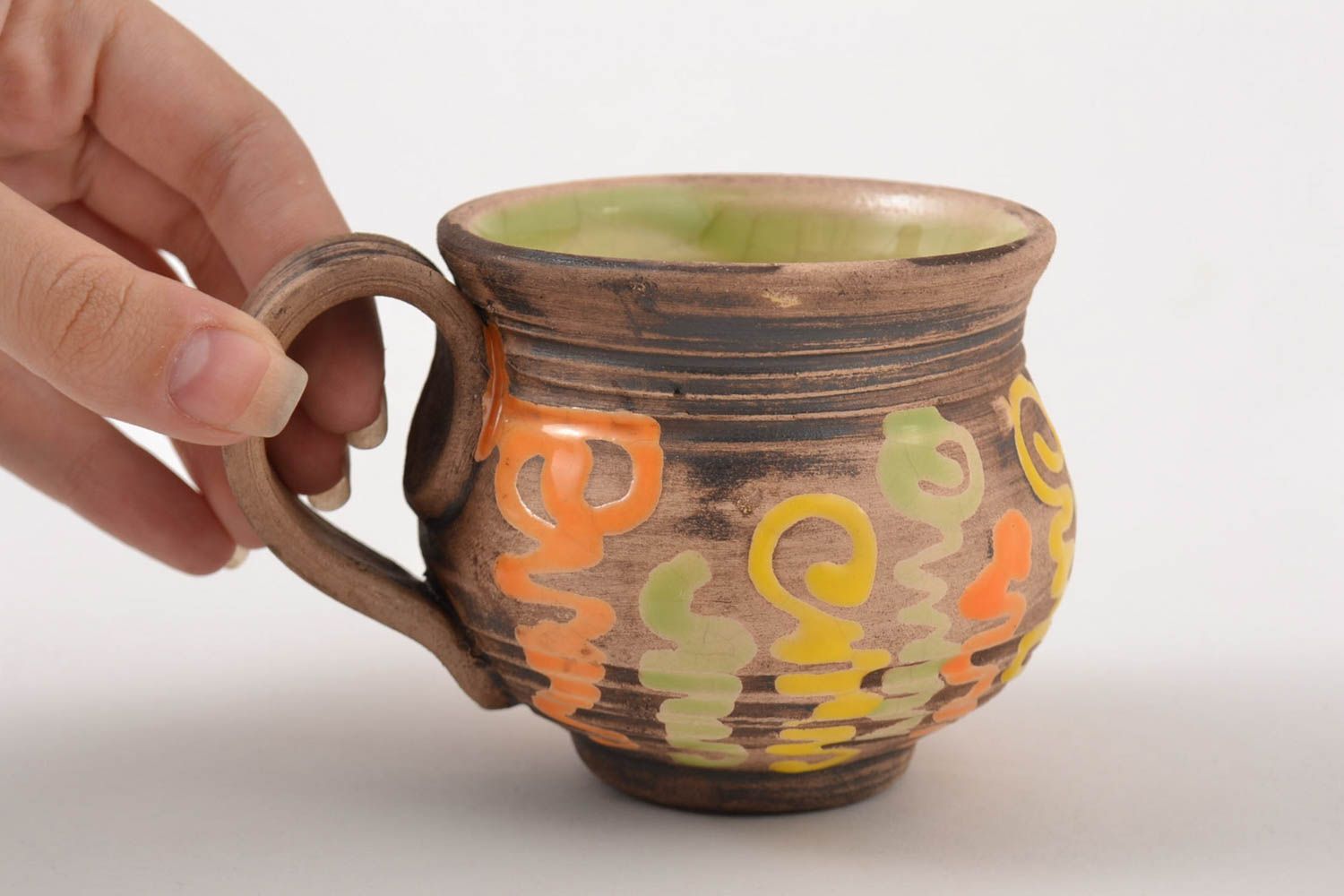 Ceramic pot style rustic teacup with orange, olive, yellow patterns. 6 oz, wide handle. photo 3