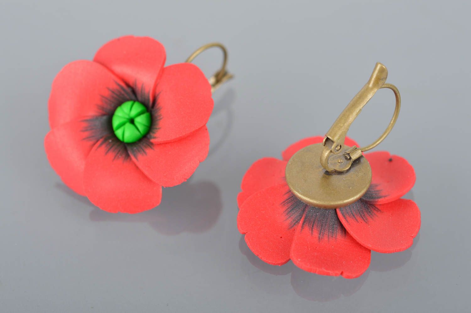 Beautiful handmade earrings made of polymer clay with charms Red poppies photo 5