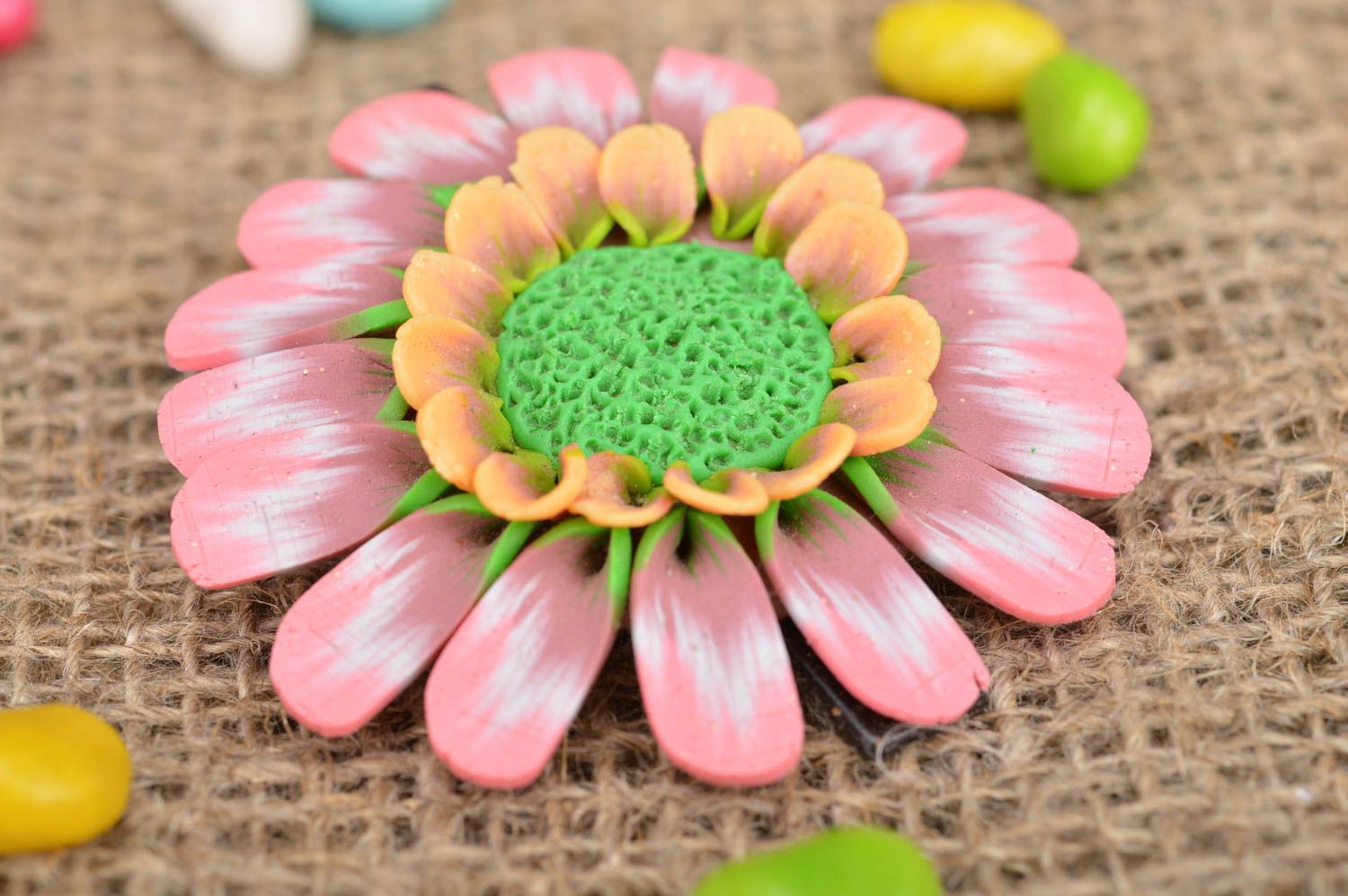 Handmade designer hair clip with volume polymer clay flower pink gerbera photo 1