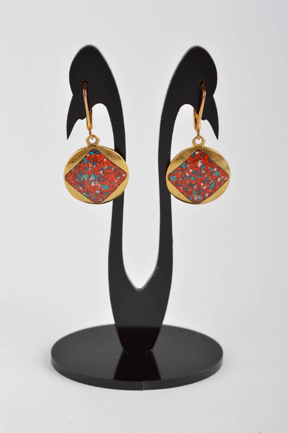 Elegant earrings with natural stones handmade brass earrings metal bijouterie photo 2