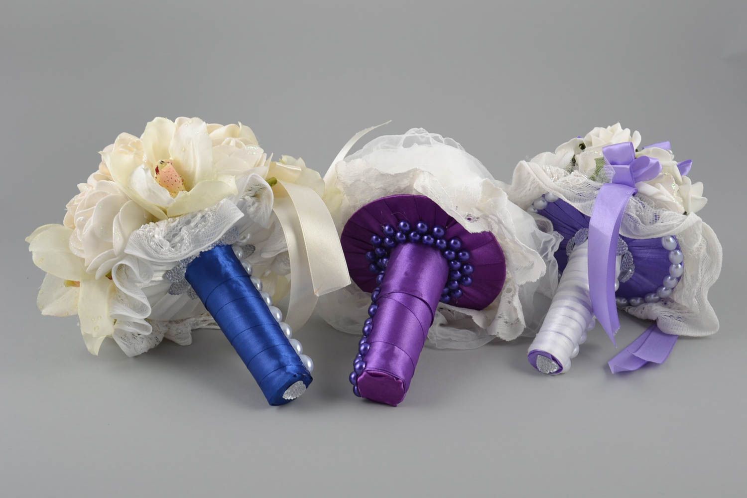 Set of 3 handmade decorative wedding bouquets with foamiran flowers and ribbons photo 3