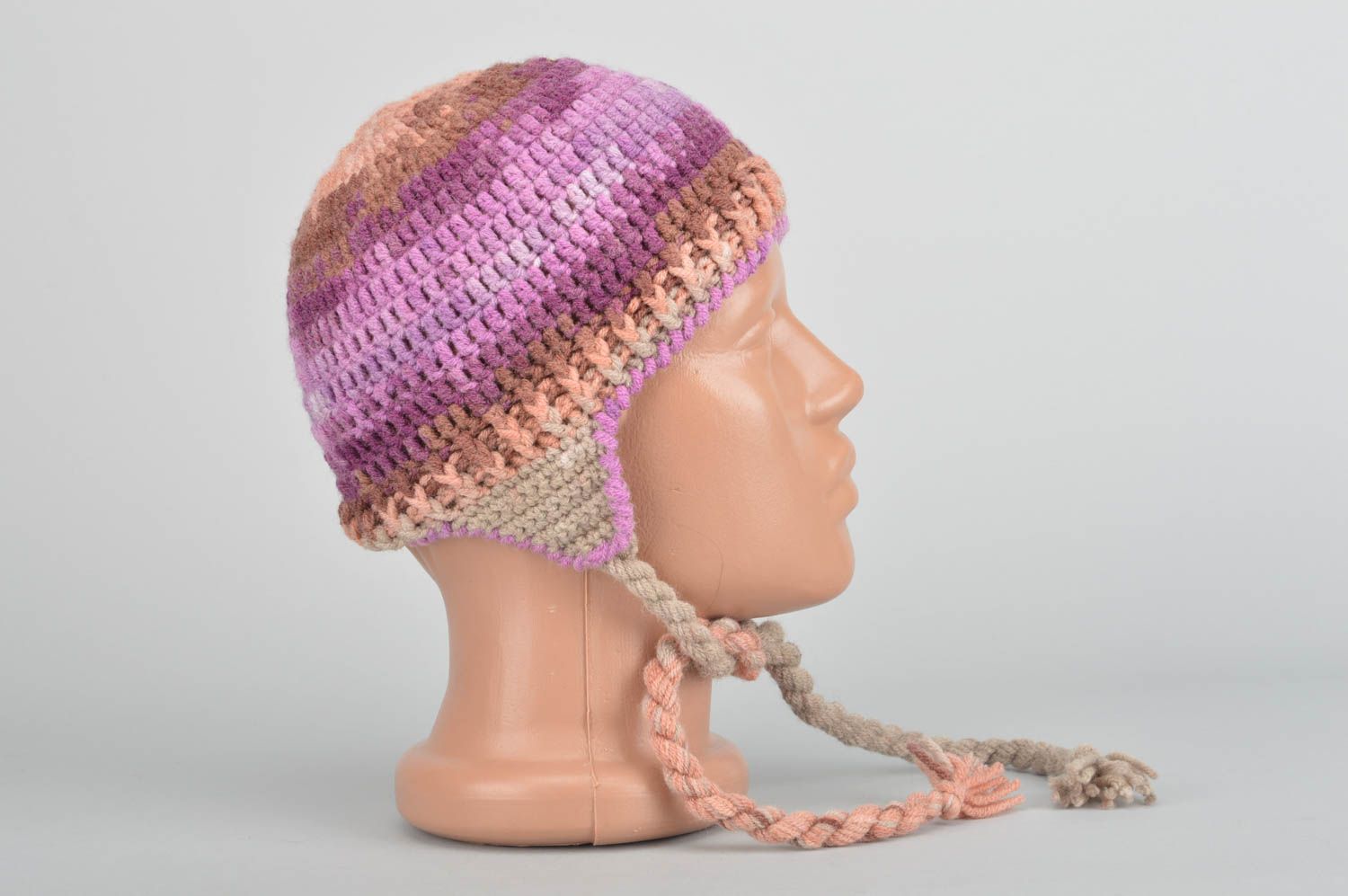 Bonnet d'hiver fait main Bonnet tricot violet oreilles Vêtement enfant fille photo 3