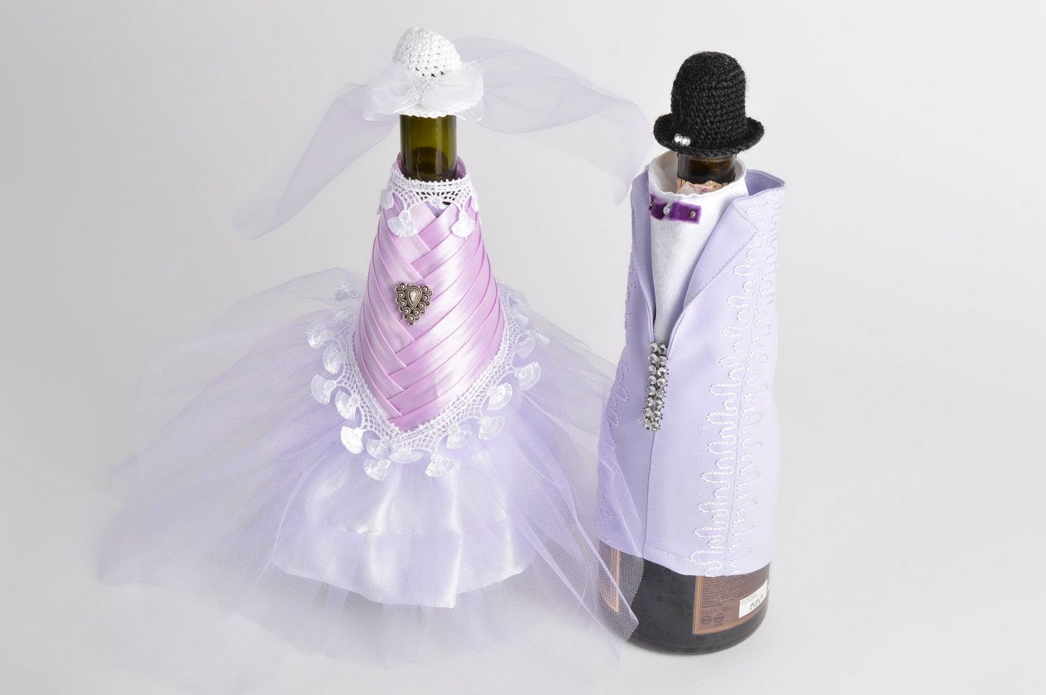 Set of 2 handmade designer textile champagne bottle covers Groom and Bride photo 5