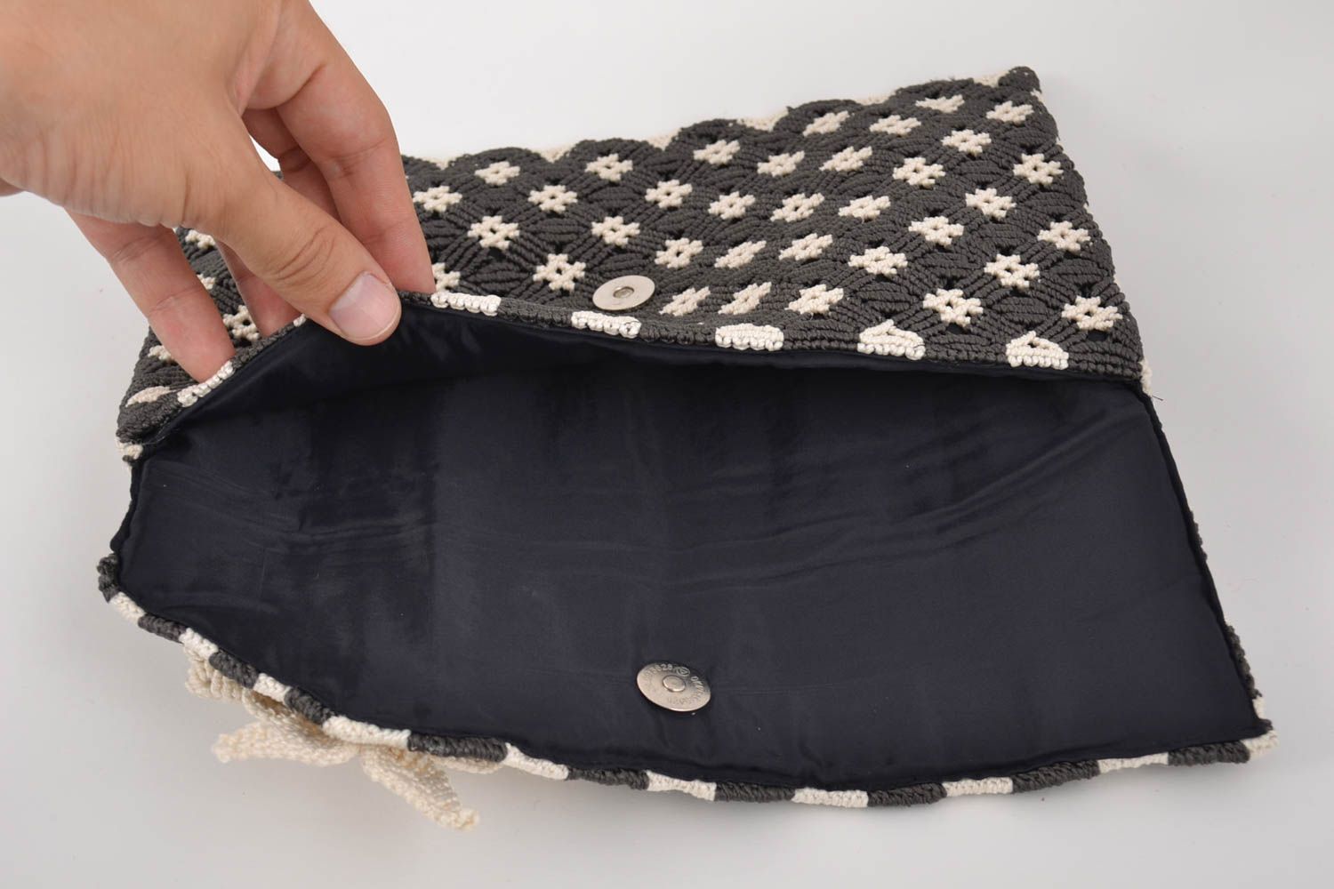 Handmade designer small women's macrame woven black and white clutch purse photo 5