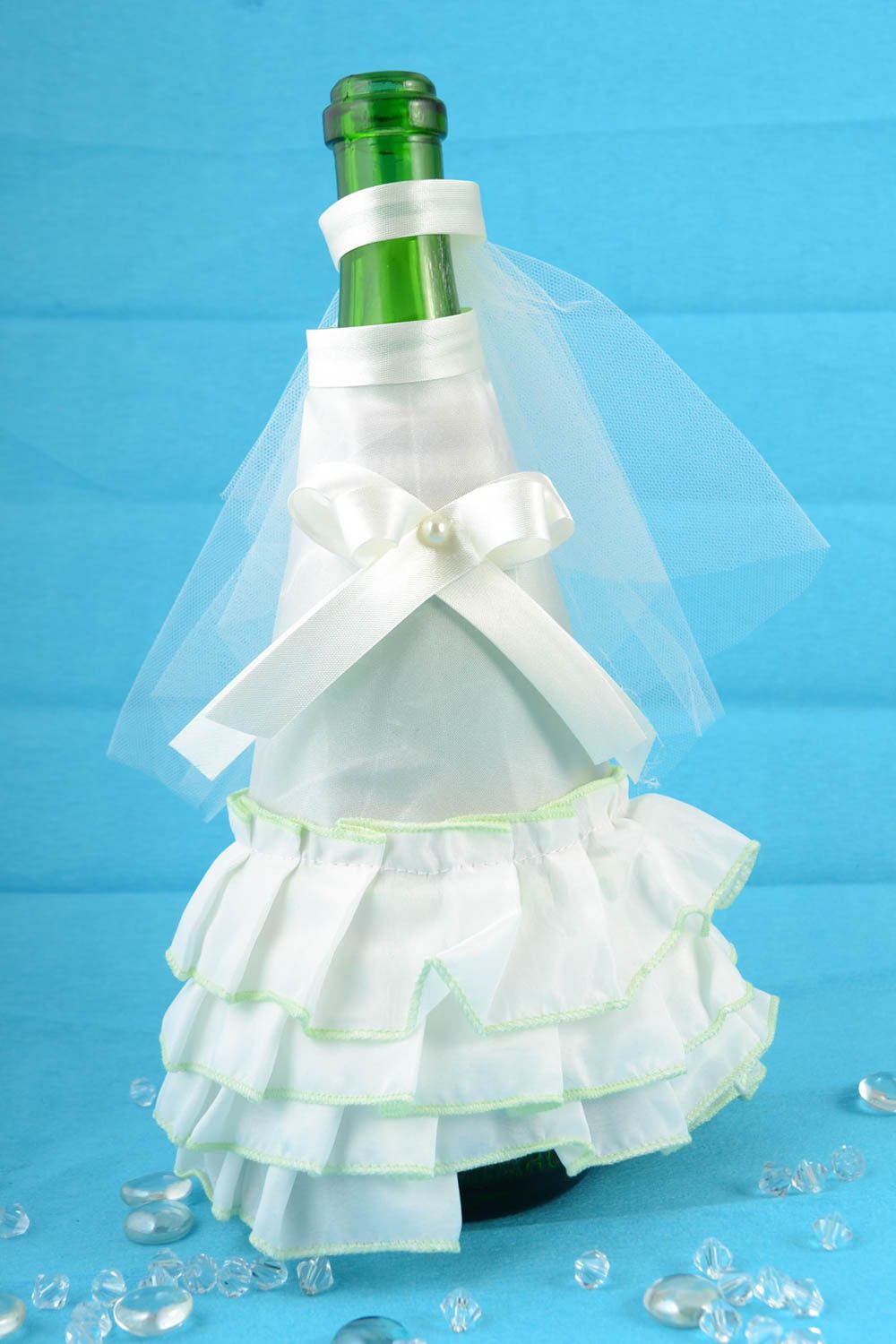 Одежда невесты на бутылку шампанского оригинальная ручной работы платье и фата фото 1