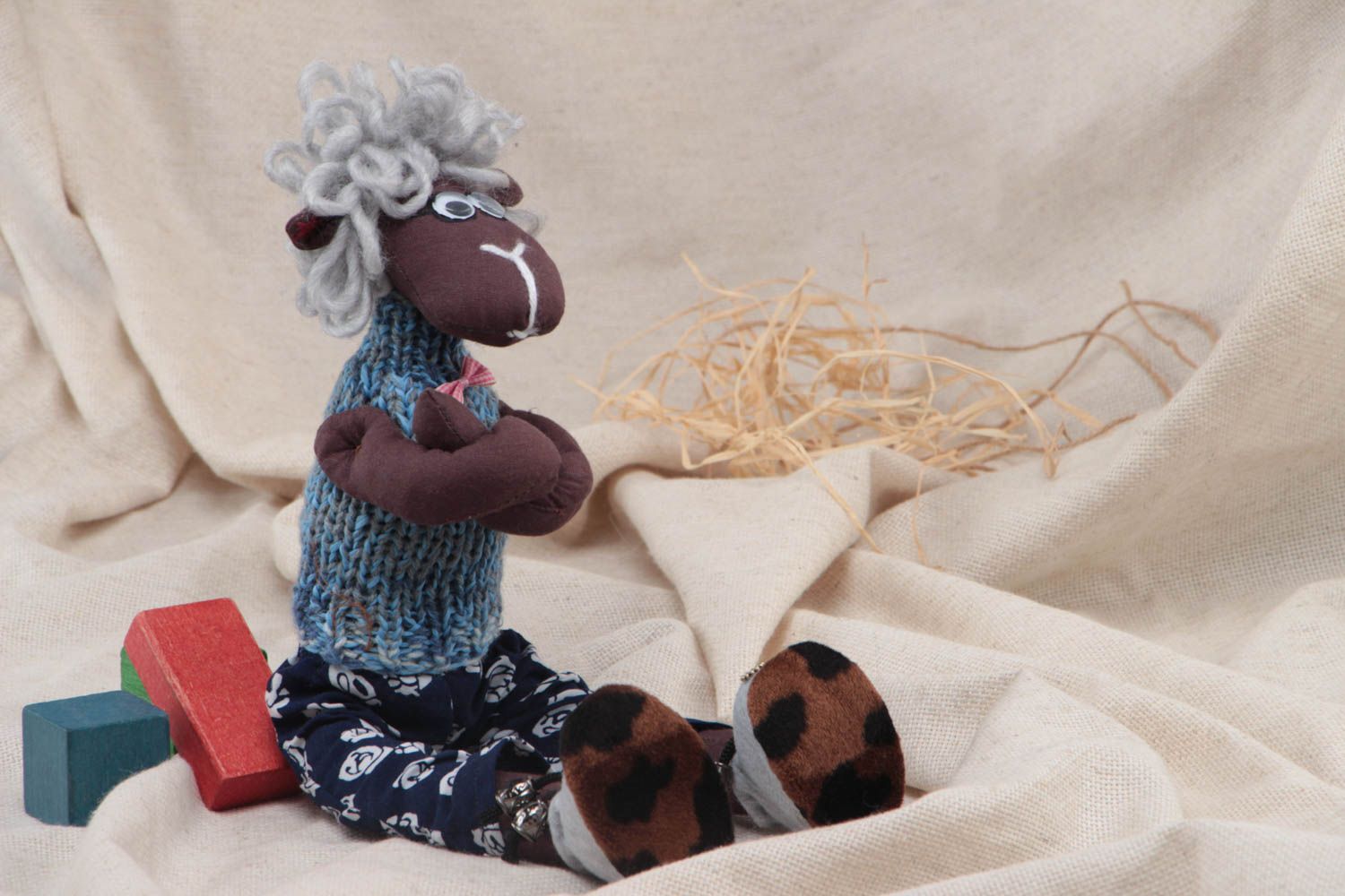 Handmade designer cotton and jersey soft toy lamb in knit vest with bow tie  photo 1