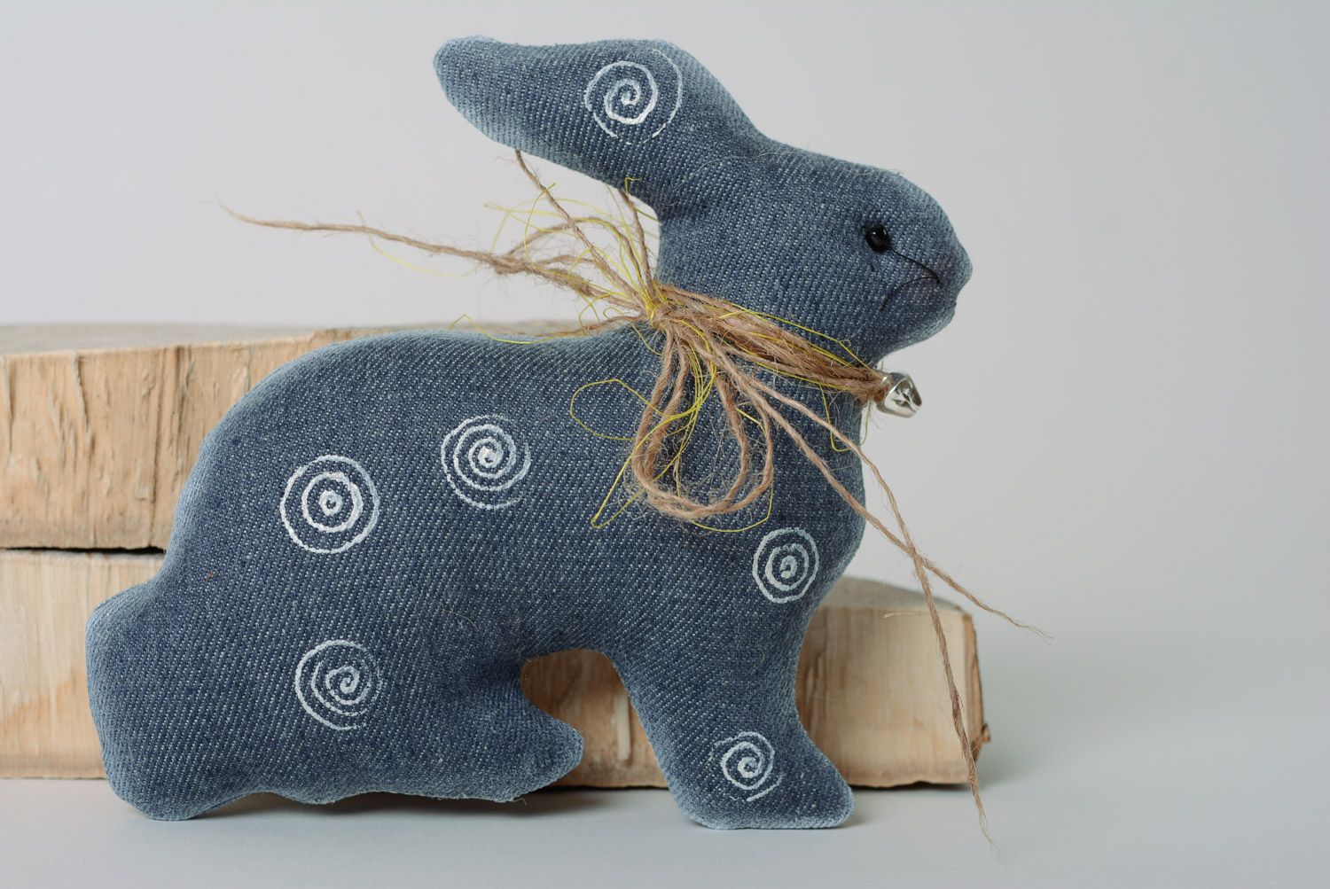 Handmade soft toy sewn of dark blue denim and painted with acrylics Rabbit photo 4