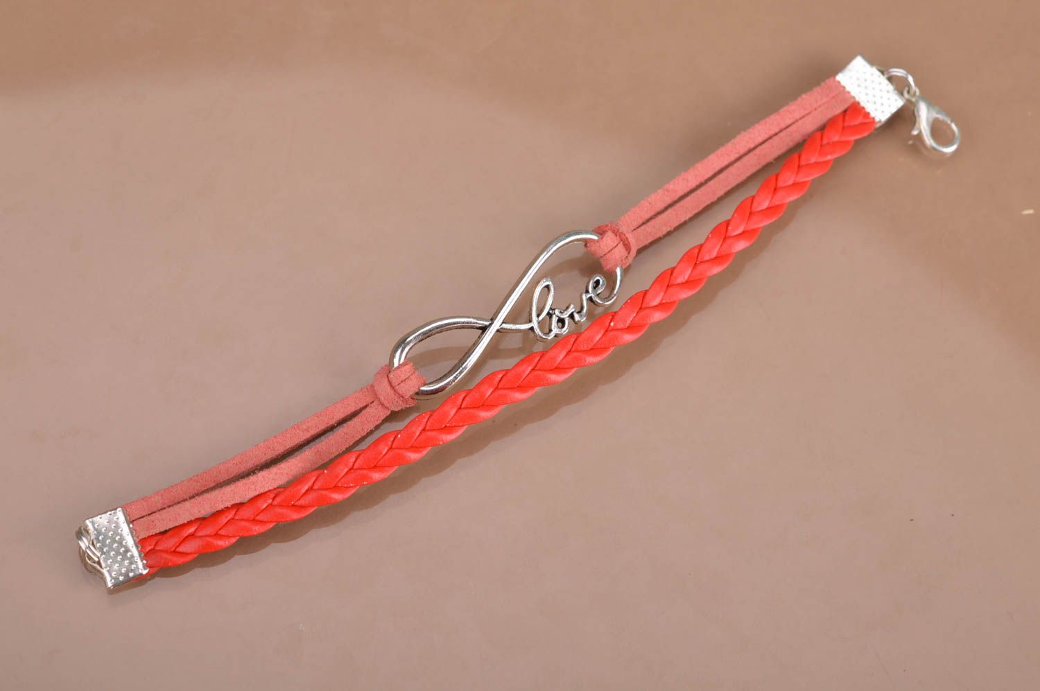 Designer red suede cord handmade wrist bracelet woven with metal insert Love photo 5