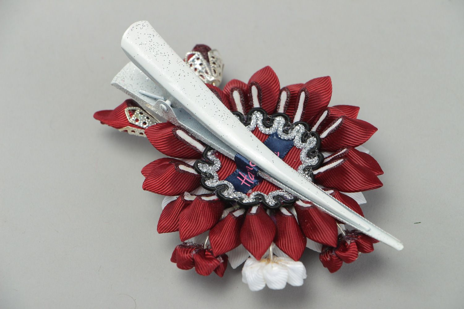 Handmade red and white designer hair clip with rep ribbon kanzashi flower  photo 3