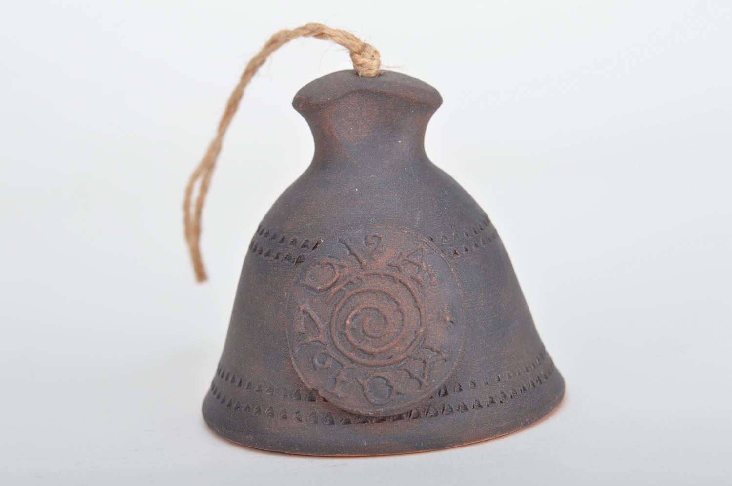 Handmade small dark brown ceramic bell with eyelet eco friendly decoration  photo 2
