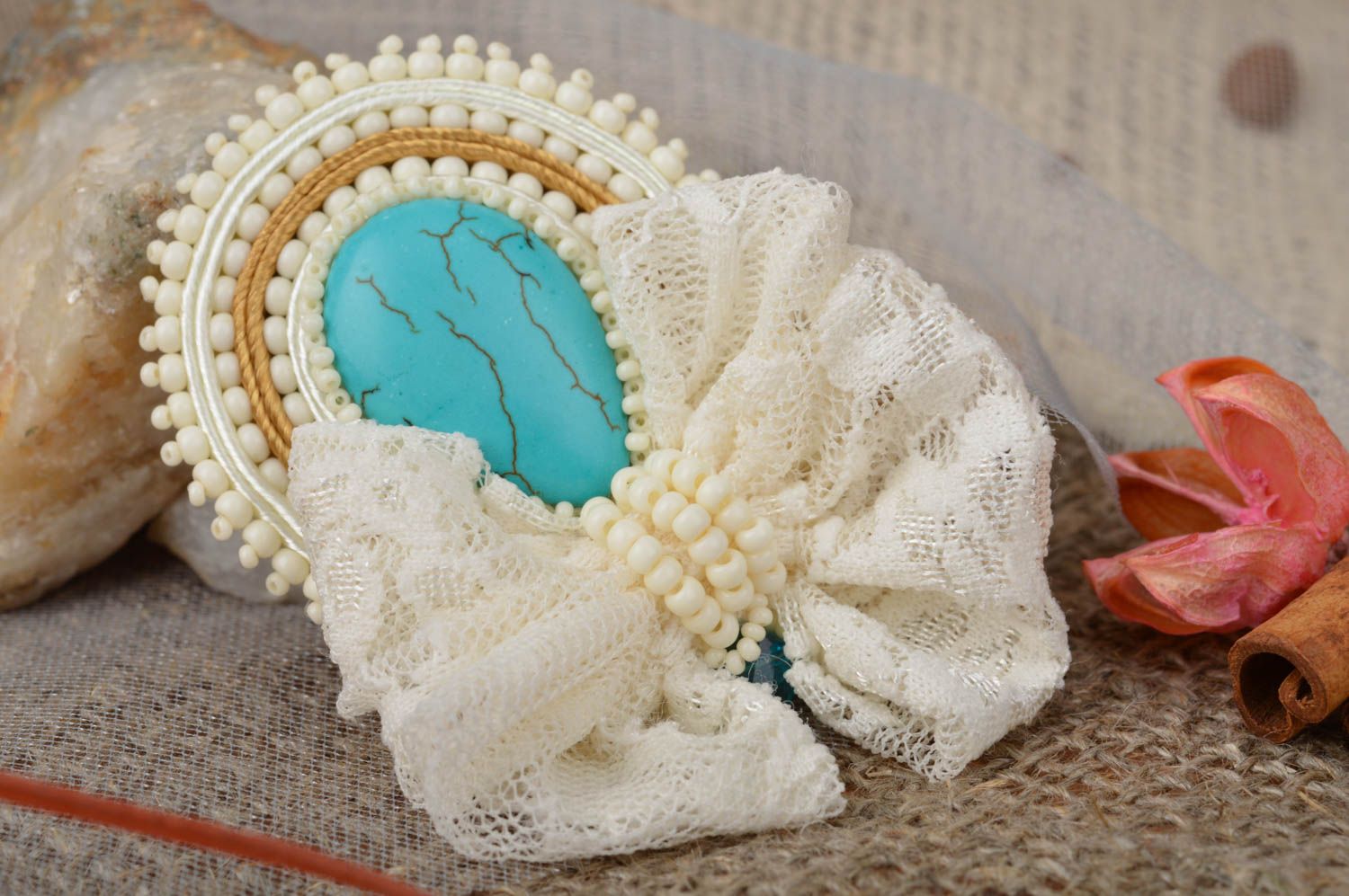 Beautiful handmade elegant soutache brooch adorned with beads and lace photo 1