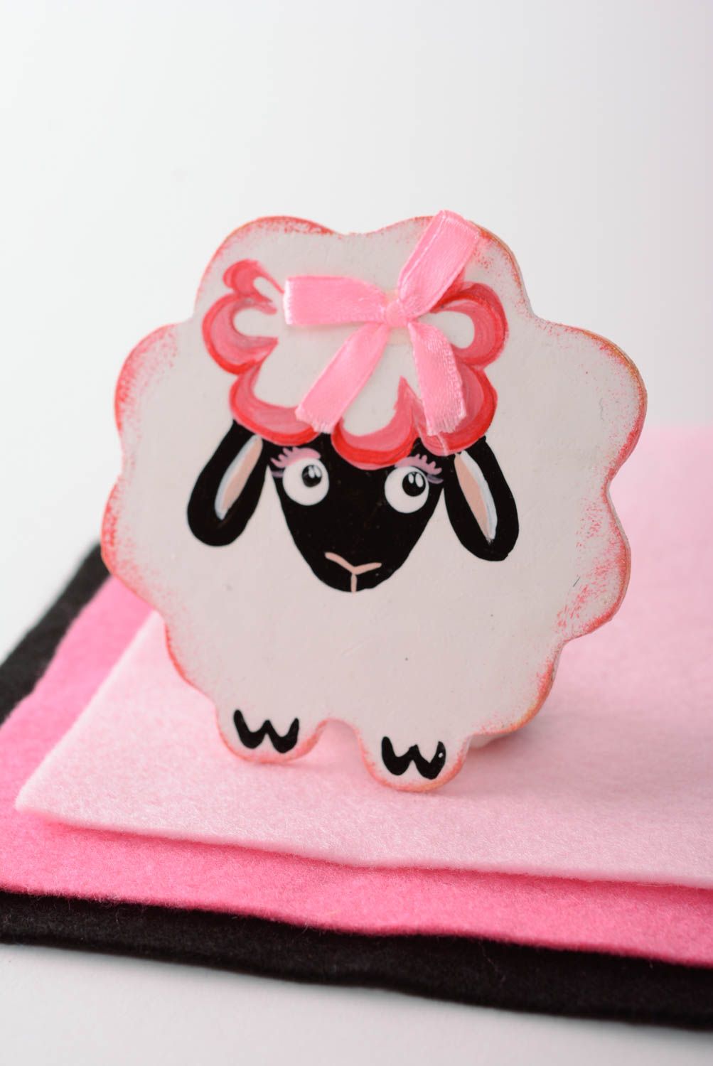 Handmade small decorative plywood fridge magnet painted with acrylics pink lamb photo 1