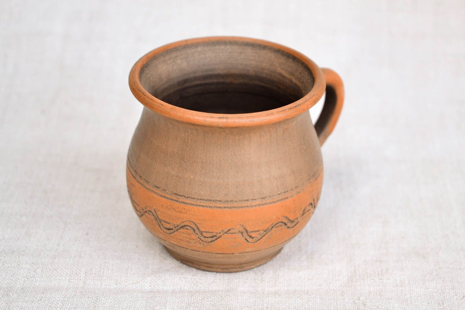 6 oz clay coffee cup in pot shape with handle and plain olive and light brown color design photo 3
