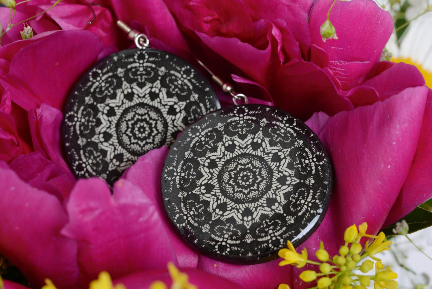 Black and white handmade designer polymer clay round earrings photo 2