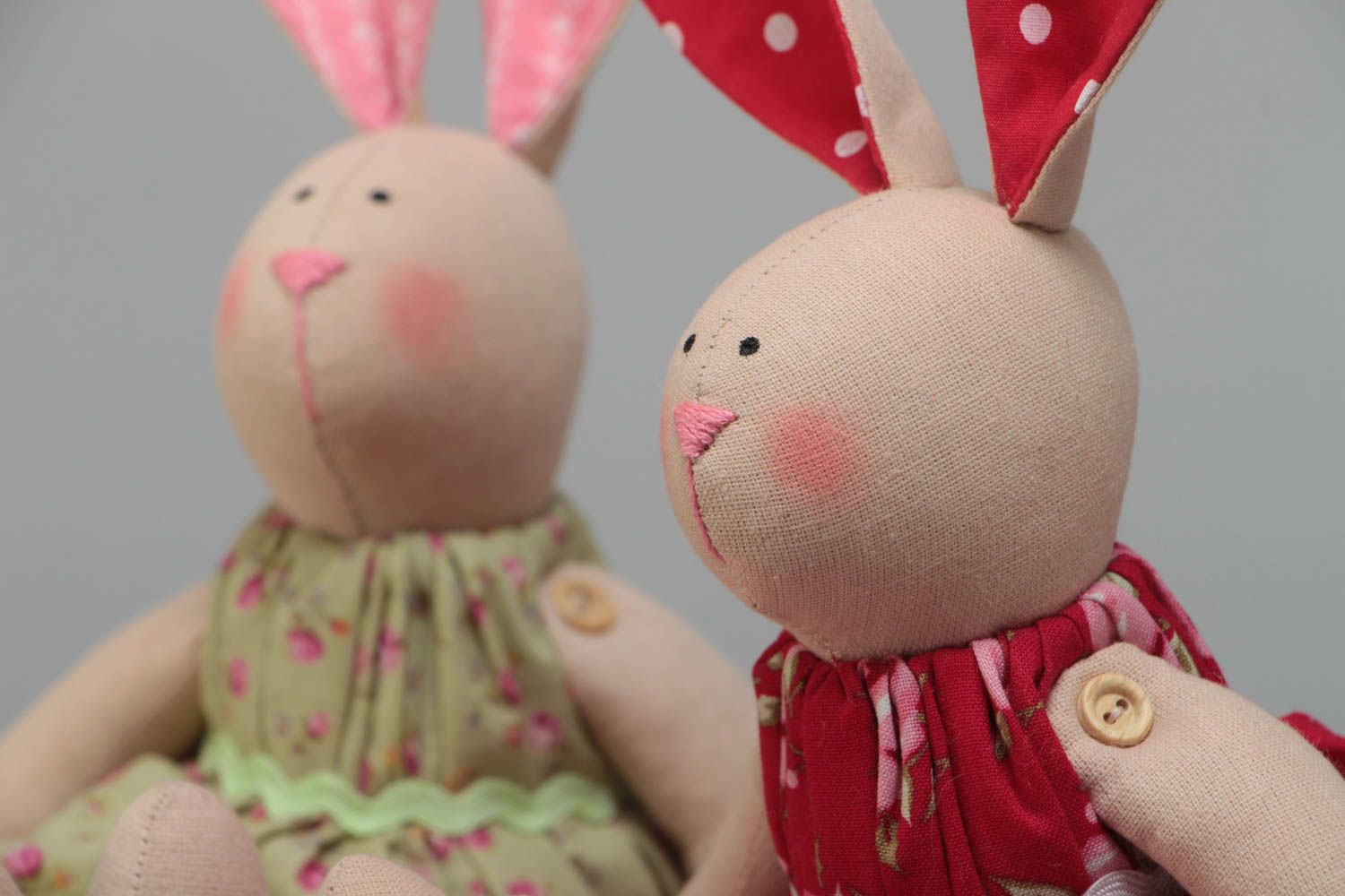 Set of 2 handmade cotton fabric soft toys rabbits in pink and red dresses photo 3