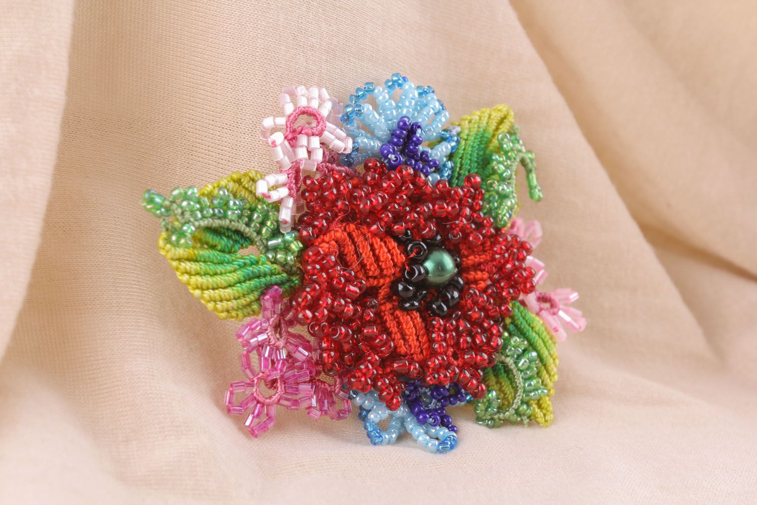Threaded brooch with beads Red Poppy photo 1