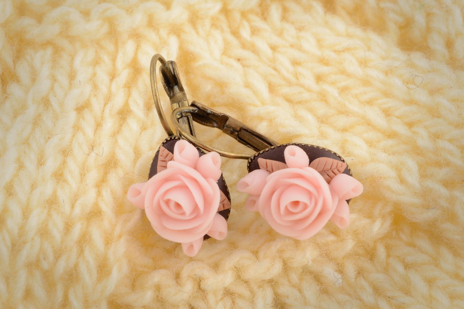 Festive handmade beautiful unusual pink earrings made of polymer clay  photo 1