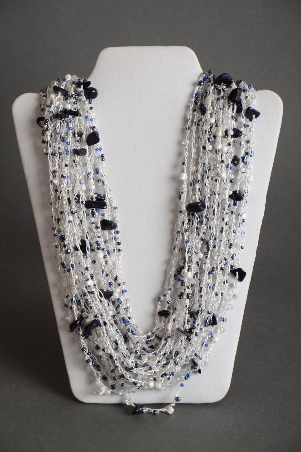 Black and white handmade designer woven bead necklace airy multirow photo 2