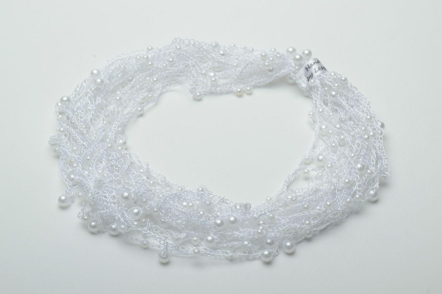 Handmade crochet necklace with pearl-like beads photo 2