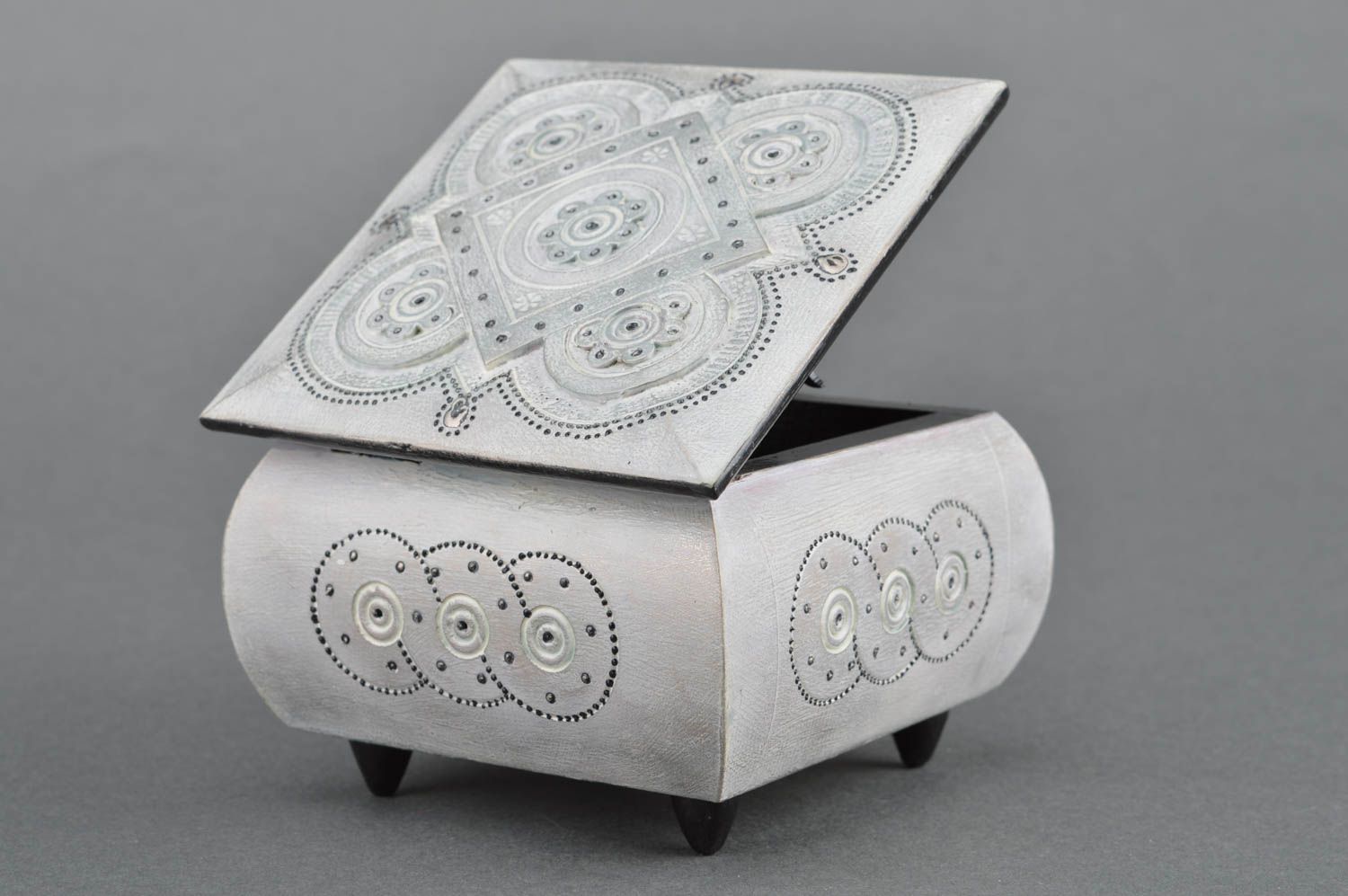 Light gray handmade designer square wooden jewelry box with dot painting photo 5