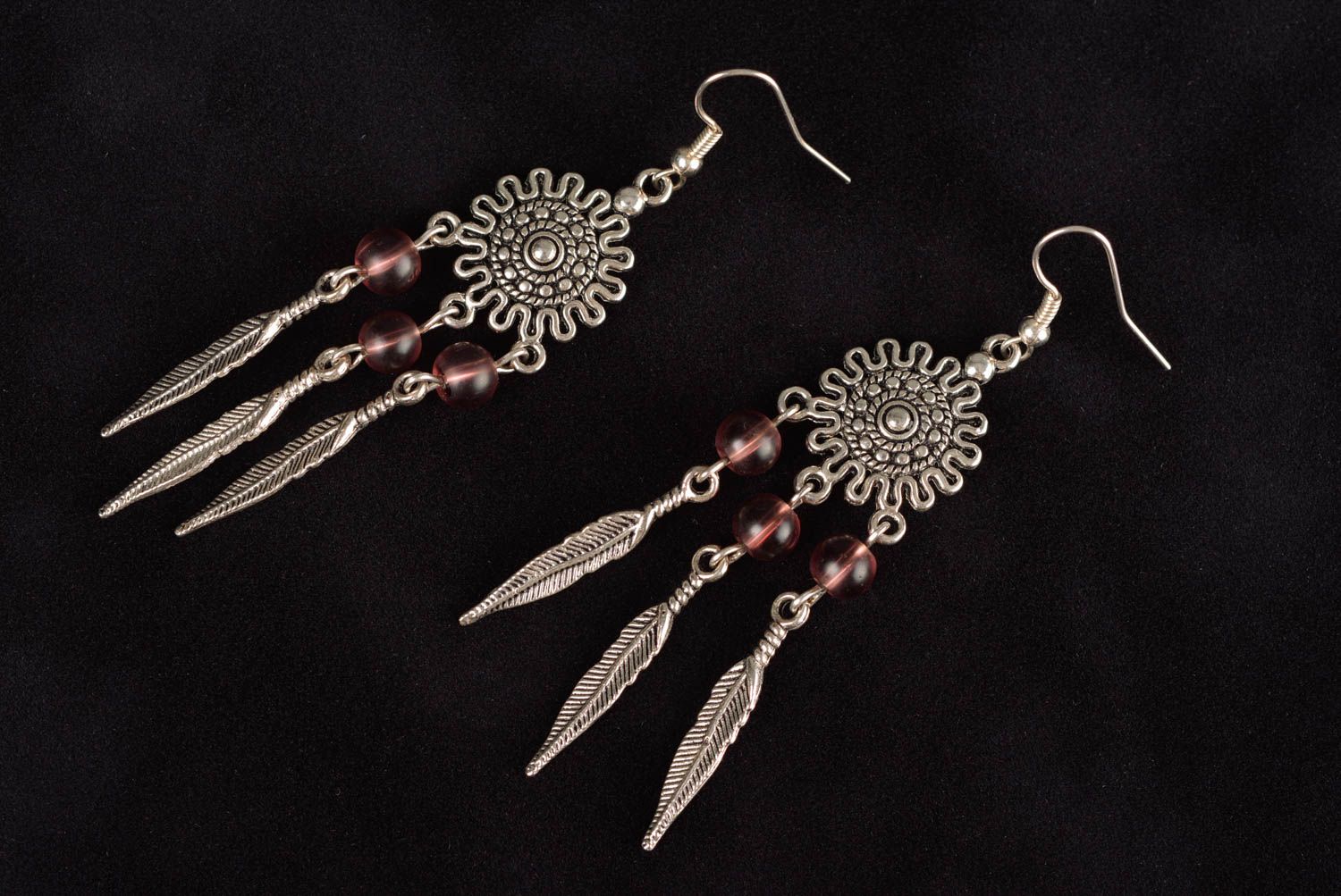Handmade massive ethnic metal dangle earrings with small glass beads photo 5