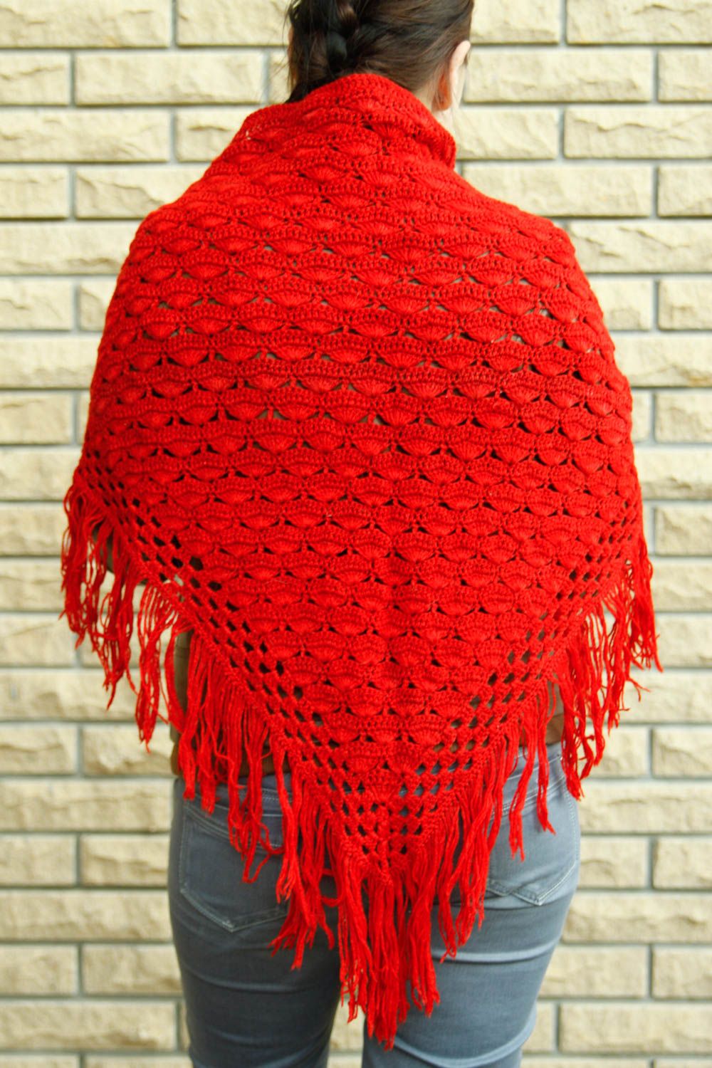 Вязаная шаль ручной работы женская накидка красный шейный платок теплый зимний фото 2