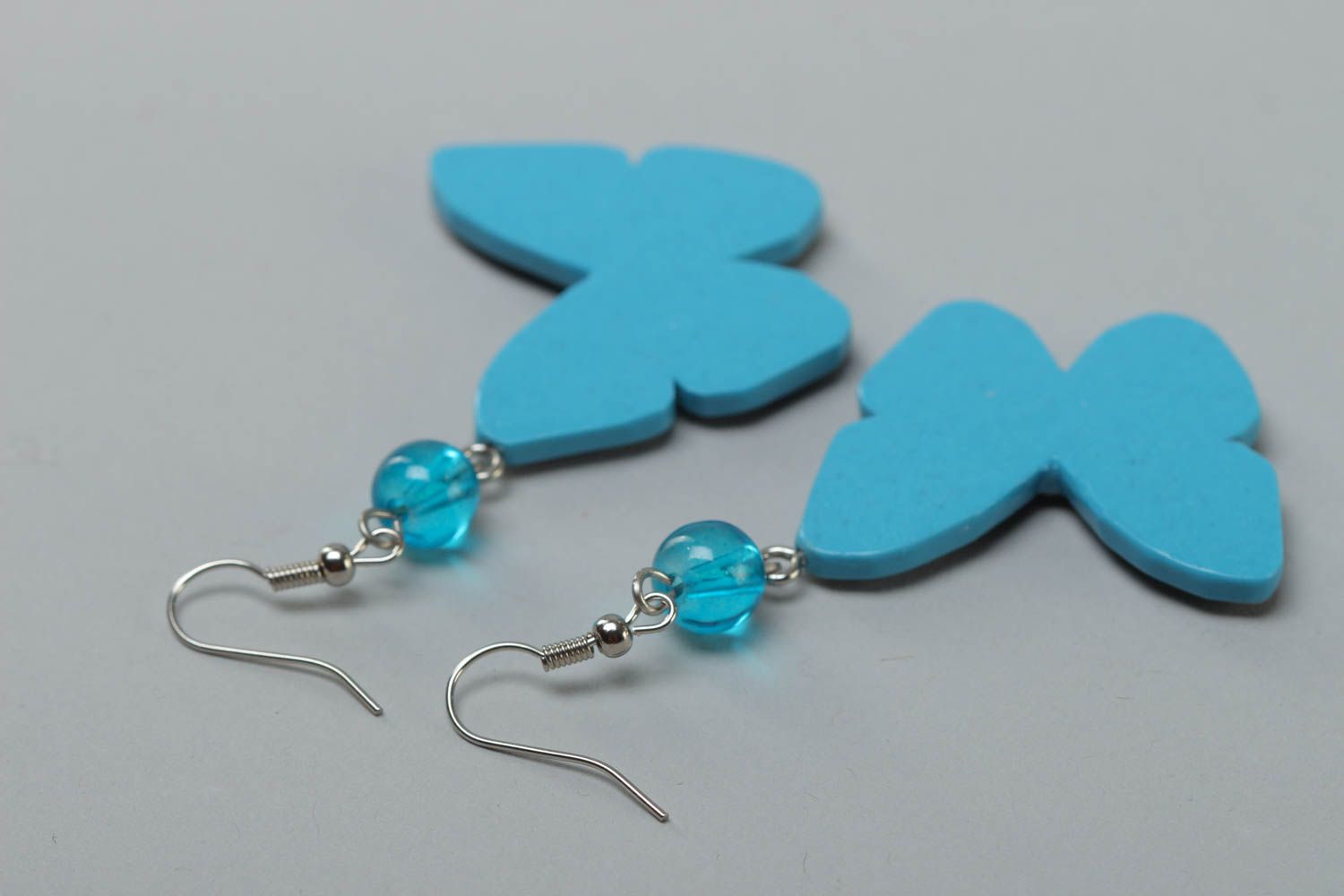 Unusual bright blue handmade polymer clay earrings in the shape of butterflies for summer photo 4