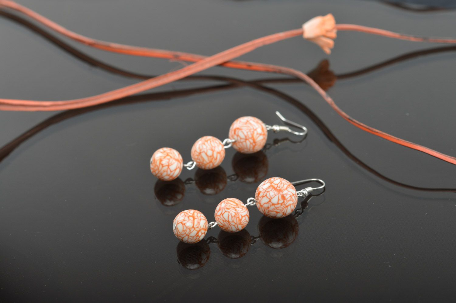 Handmade long polymer clay beaded earrings in calm colors Cobweb photo 1