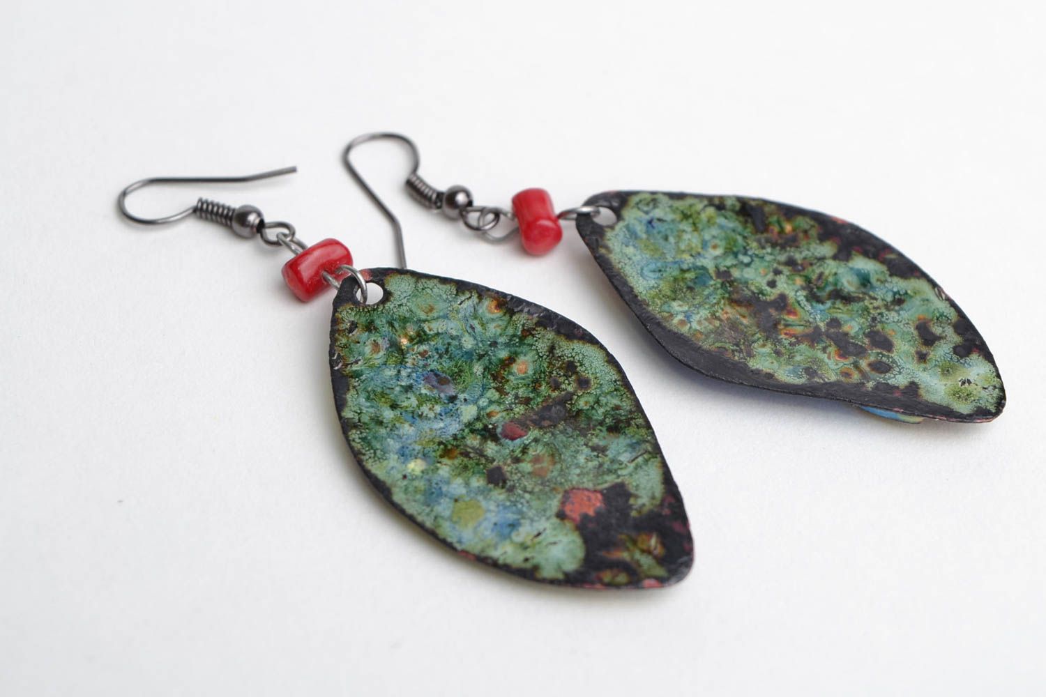 Handmade designer colorful copper dangling earrings coated with enamels Petals photo 5