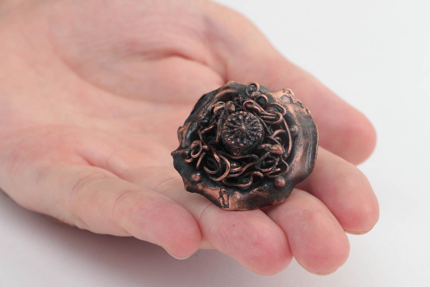 Beautiful handmade designer volume copper flower ring with galvanic coating photo 5