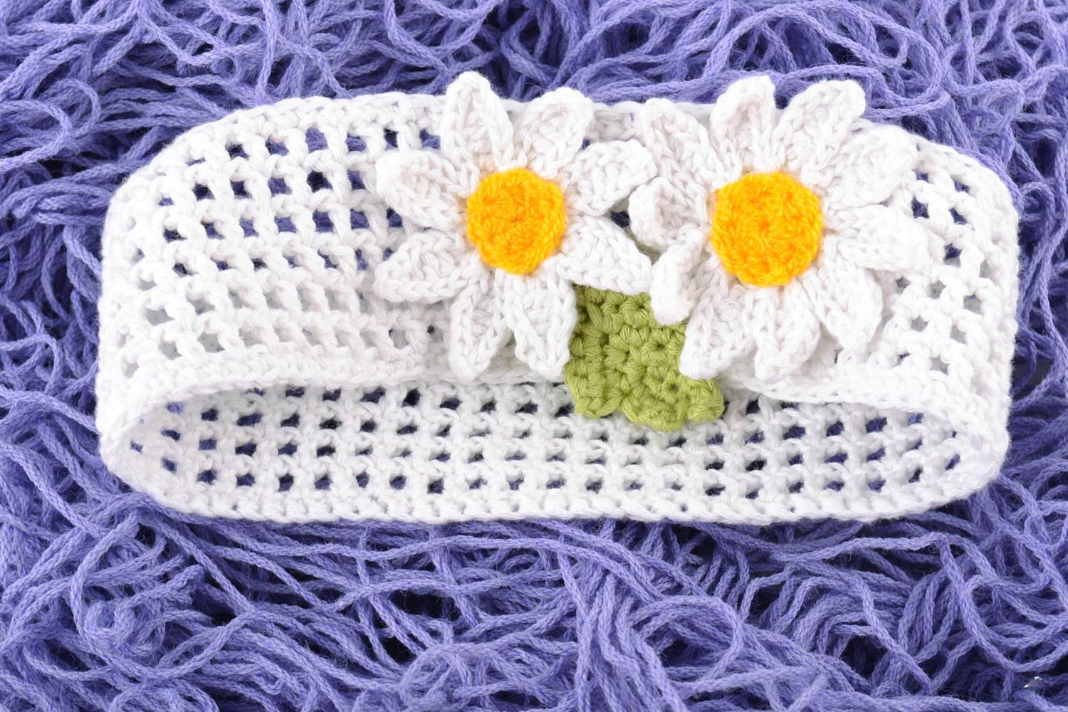 Handmade lacy white headband crocheted of cotton threads with chamomile for baby photo 1