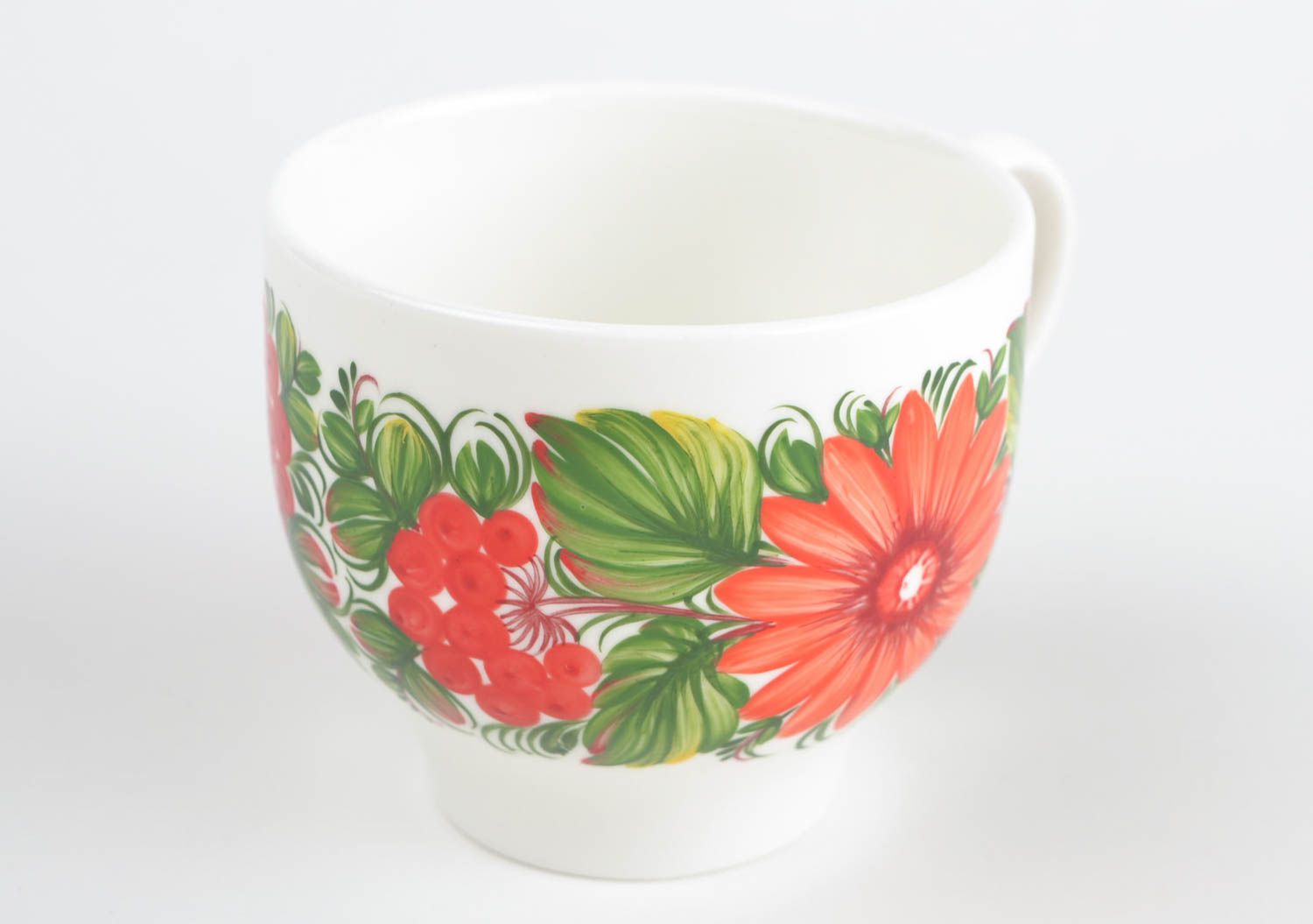 8 oz ceramic porcelain white coffee cup with Russian floral pattern in red and green color photo 5