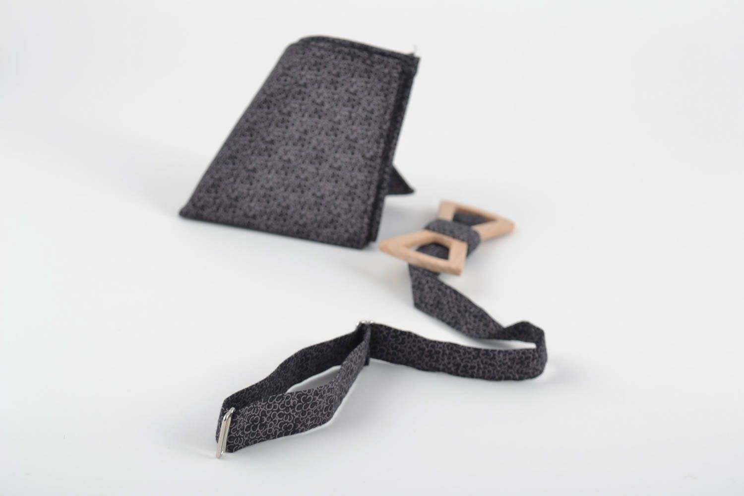 Set of handmade wooden bow tie and cotton pocket square 2 pieces photo 5