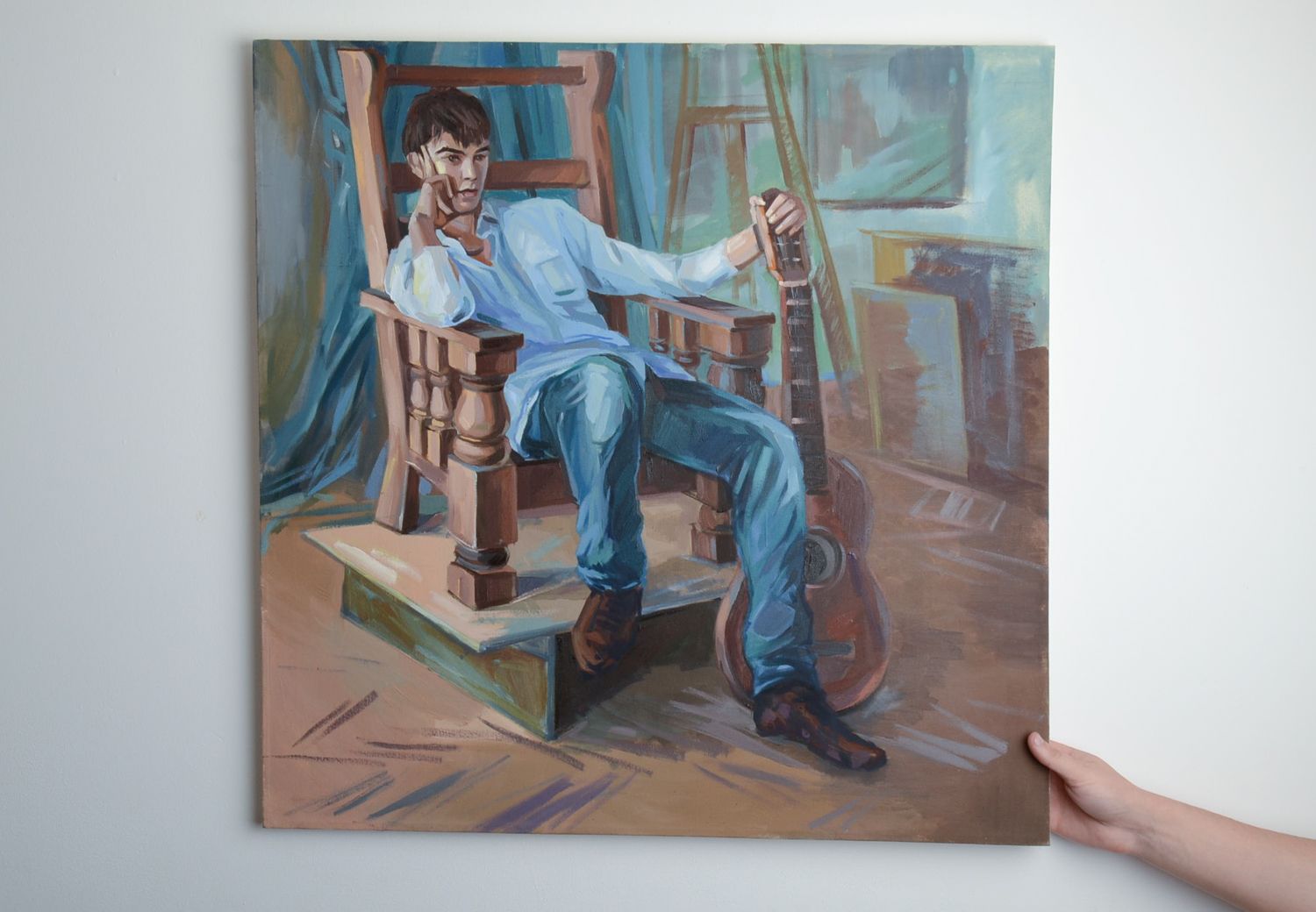 Tableau portrait à l'huile homme pensif sur toile carré original fait main photo 4