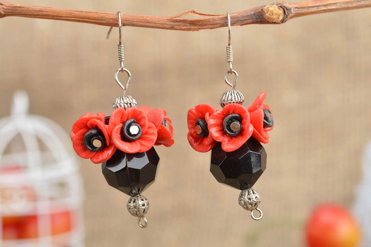 Handmade stylish small earrings decorated with red poppies made of polymer clay photo 1