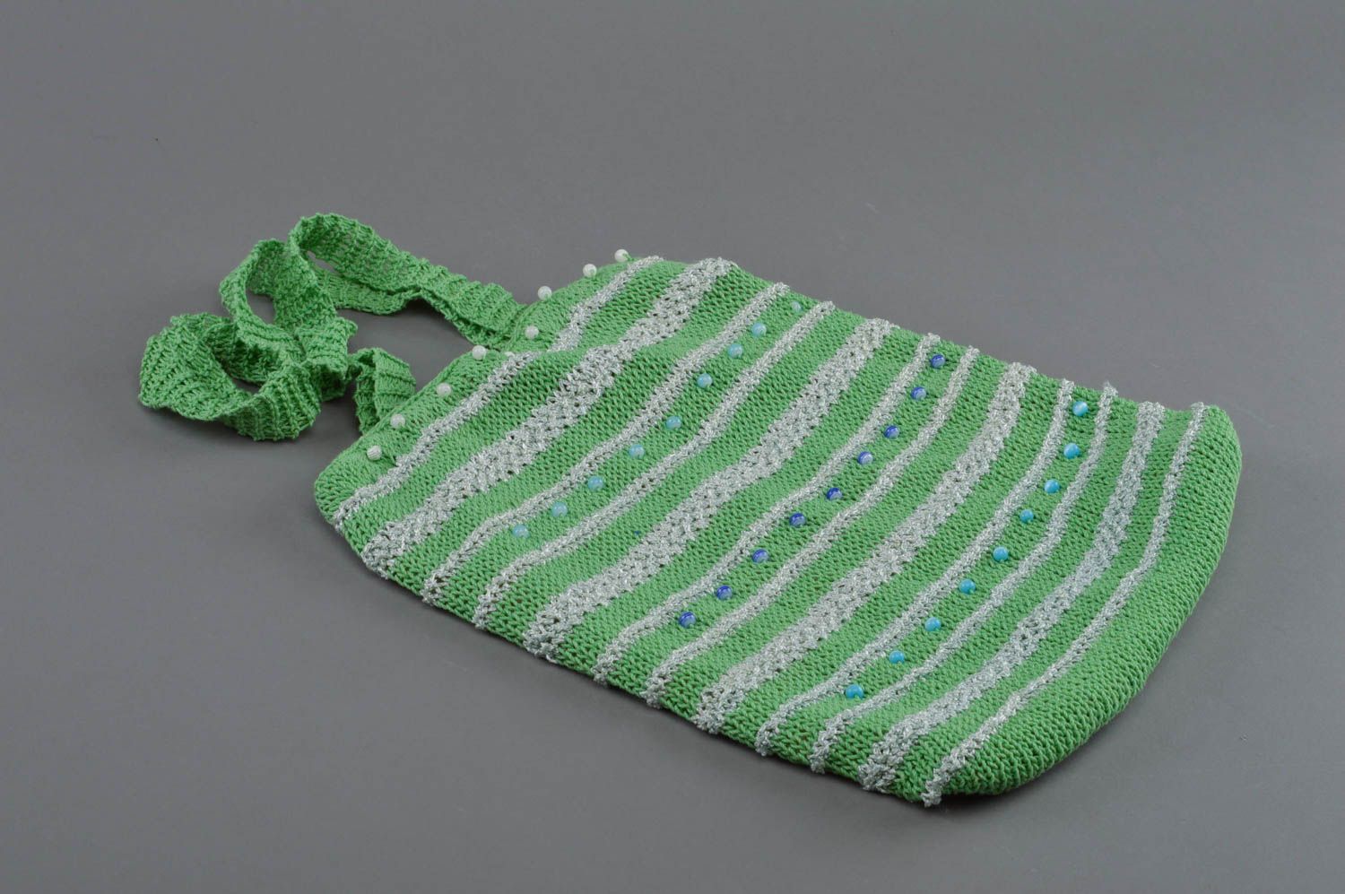Sac à main tricoté au crochet fait main couleur verte rayé avec doublure photo 1