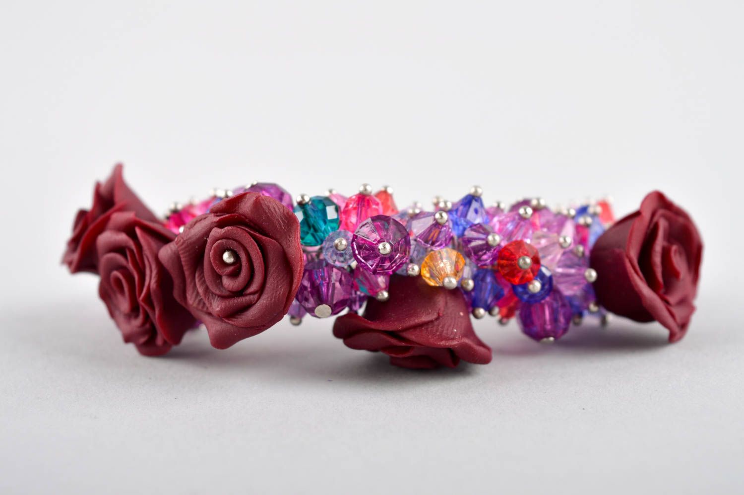 Браслет ручной работы браслет из полимерной глины подарок девушке Бордовые розы фото 3