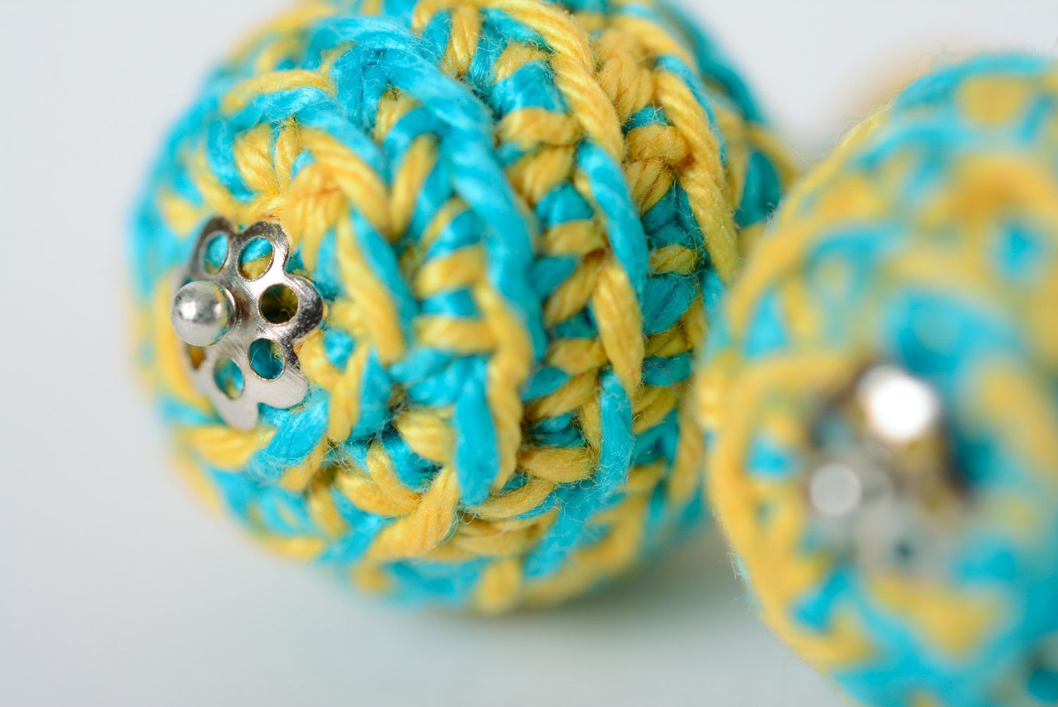 Handmade beaded earrings crocheted over with yellow and blue cotton threads photo 4