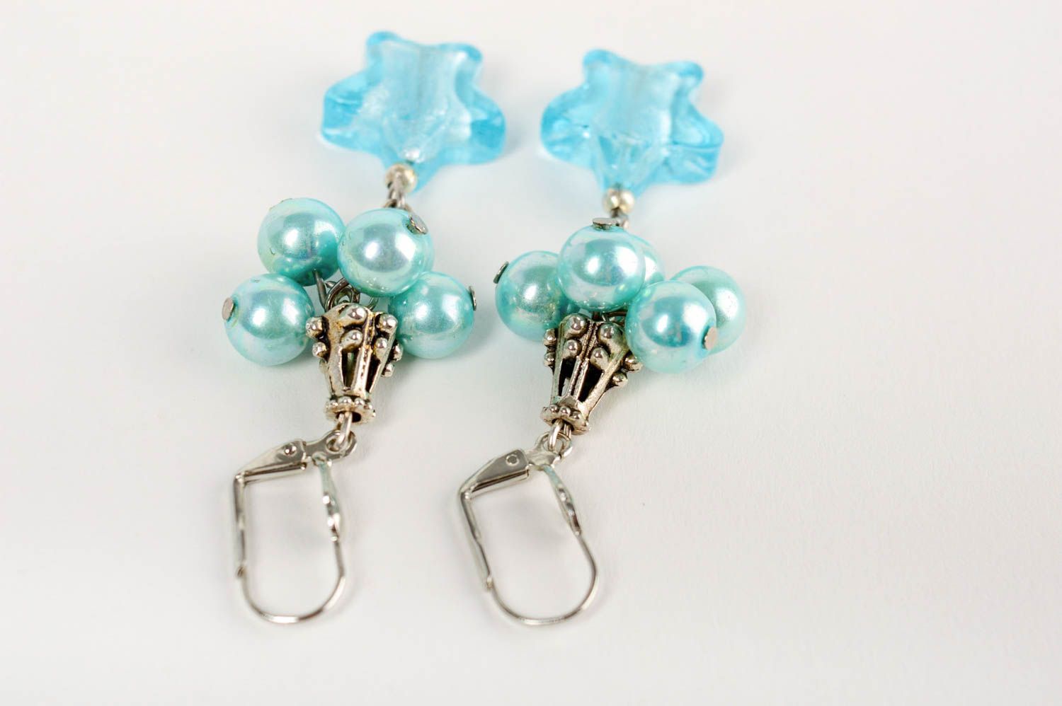 Handmade designer dangle earrings with blue Venetian glass and ceramic pearls photo 3