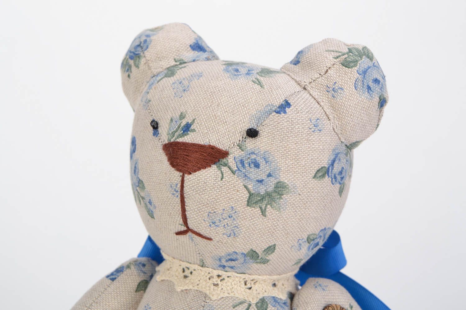 Handmade fabric soft toy bear with flower pattern for home decor photo 4