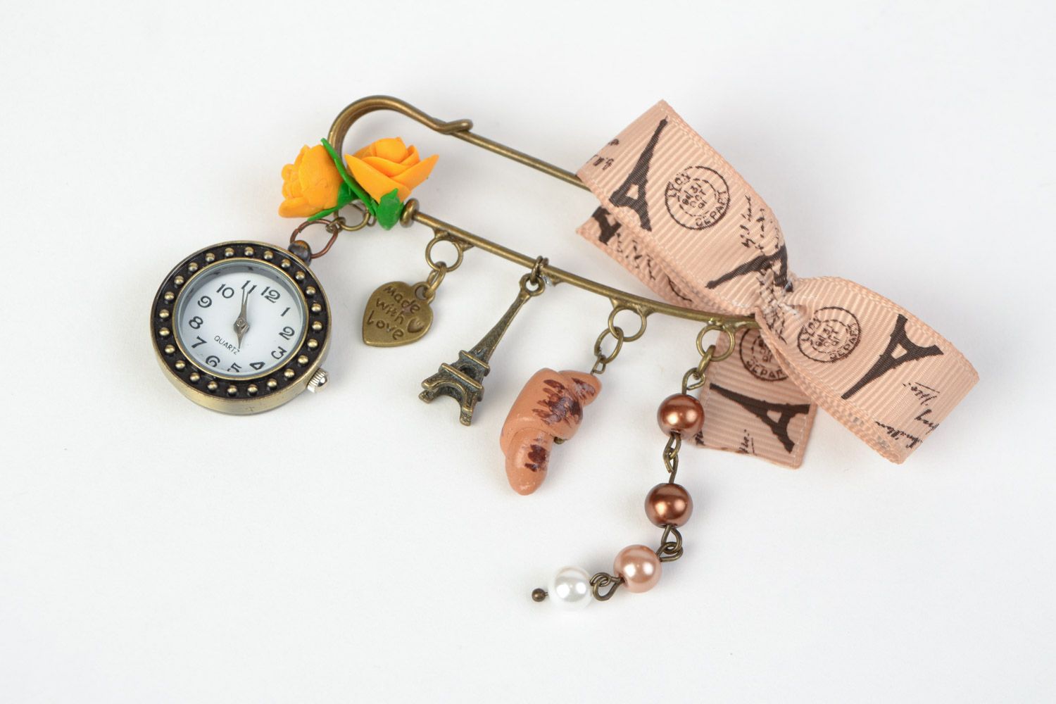 Handmade brooch pin with watch for bag or outfit Paris photo 1